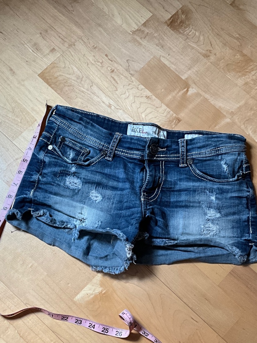 BKE Women's Distressed Dark Blue Denim Jean Shorts